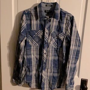 Blue plaid button up dress shirt